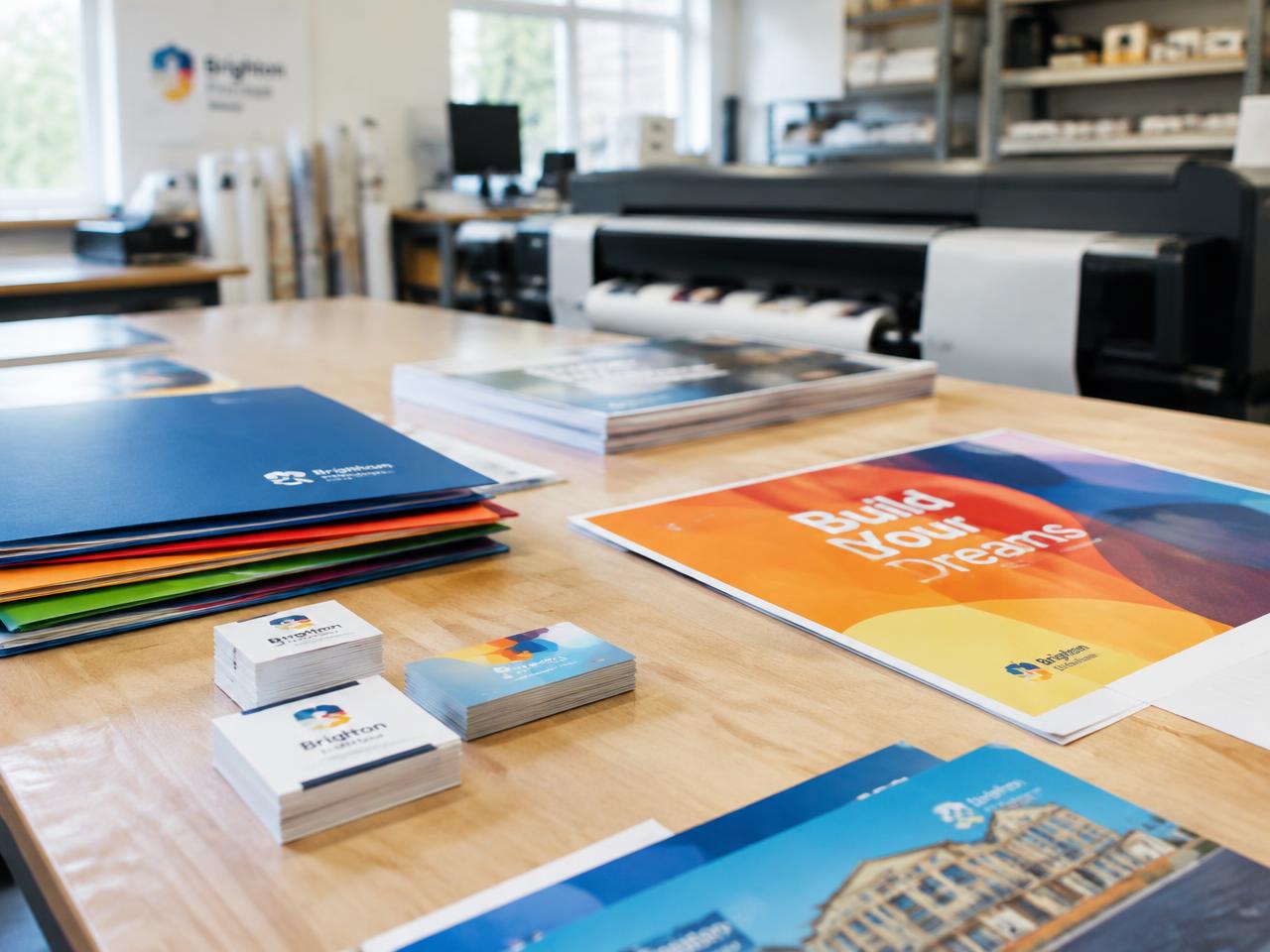 Folders, cartazes e cartões de visita coloridos recém-impressos sobre a bancada de uma gráfica rápida
